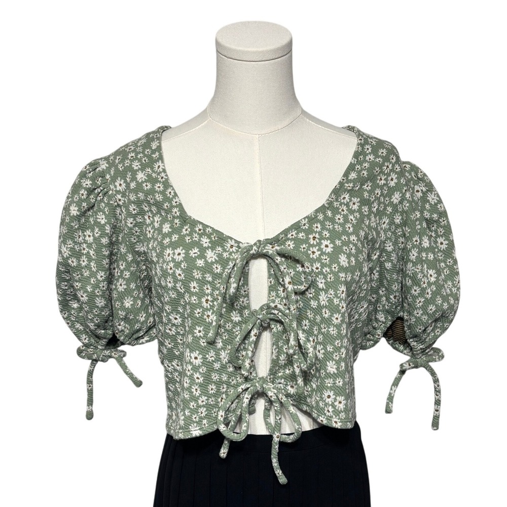 Free People Floral Crop Top Tie Front Puff Sleeve Green Cottagecore M Coquette